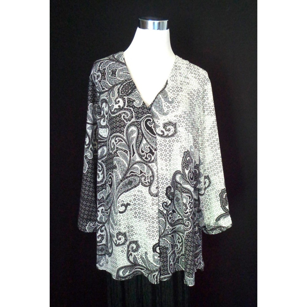 Anthropologie Rose + Olive Black White Paisley Abstract Pullover Tunic Top 2X